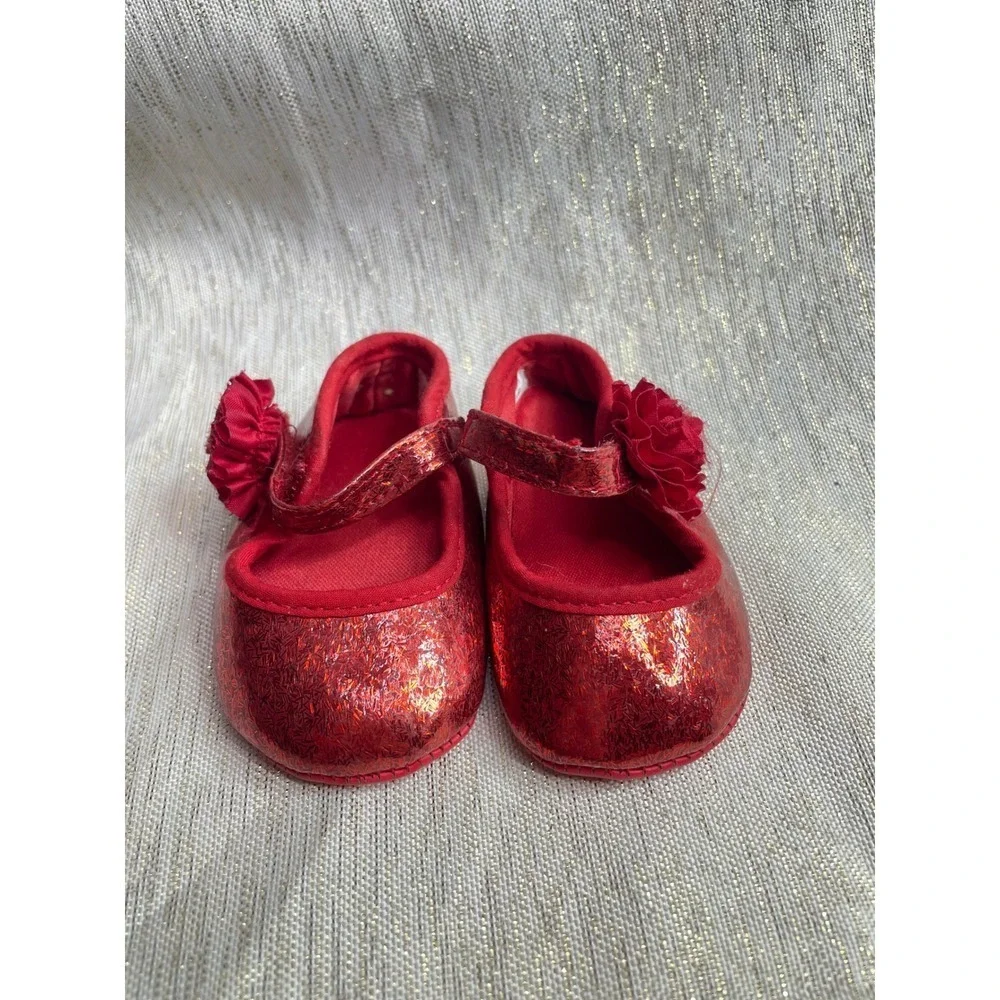 Sparkly Red Glitter Mary Jane Baby Toddler Shoes Flower Detail Size 1